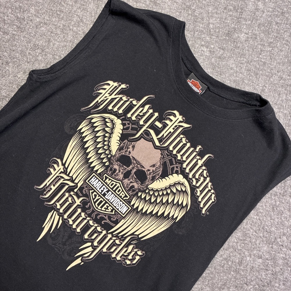 Harley Davidson Muscle Tee Tank Top Men Large Black Ozark Lebanon MO Skull Wings